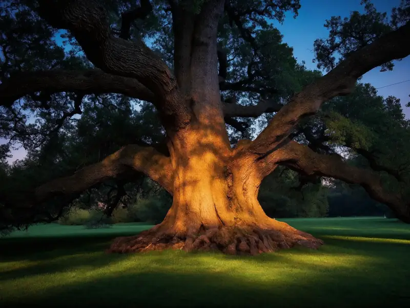 Large old oak tree with thick, spreading limbs at sunset