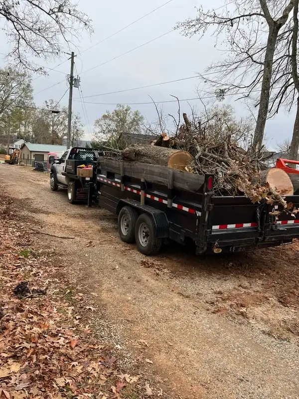Work truck pulling a dump trailer piled with logs and brush